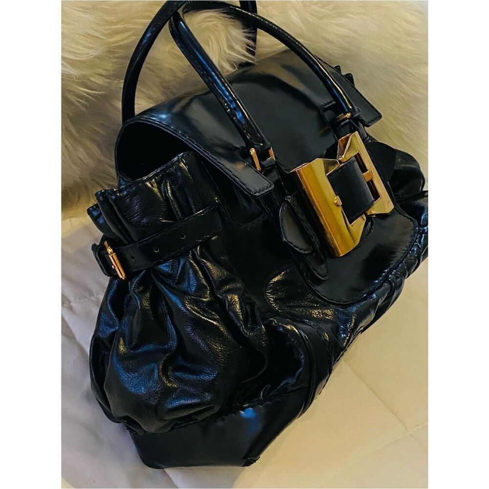 Gucci Black Patent Leather Bag with Gold Bow Buckle w Cert of Authenticity